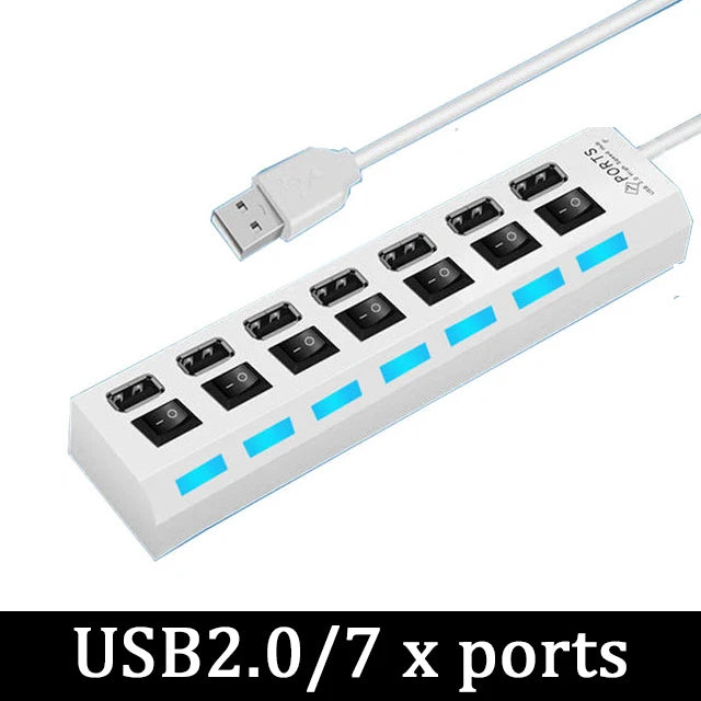 محول طاقة USB 3.0 موزع متعدد المنافذ 4/7 منفذ هاب USB 2.0 موسع متعدد مع مفتاح وكابل 30 سم محطة إرساء