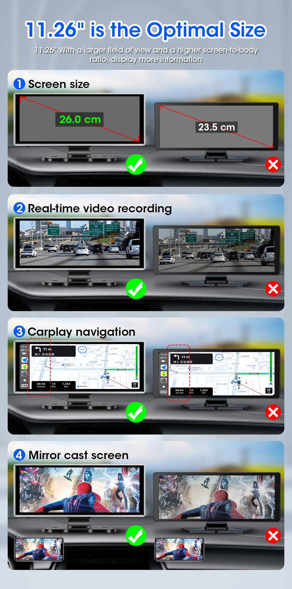 كاميرا تسجيل السيارة 4K بشاشة 10/11.26 بوصة مع كاربلاي لاسلكي وأندرويد أوتو ونظام ملاحة GPS ومسجل فيديو لوحة القيادة بعدستين مزدوجتين مع واي فاي وFM وAUX