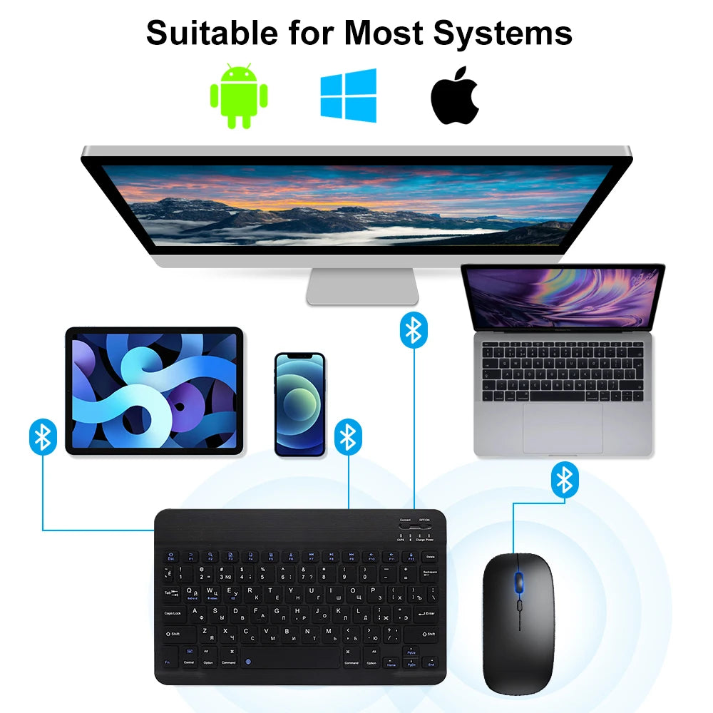 لوحة مفاتيح وماوس لاسلكية بلوتوث لأجهزة iOS وأندرويد وويندوز والتابلت متوافقة مع iPad Air Mini Pro - لوحة مفاتيح بالإسبانية والكورية والبرتغالية والروسية