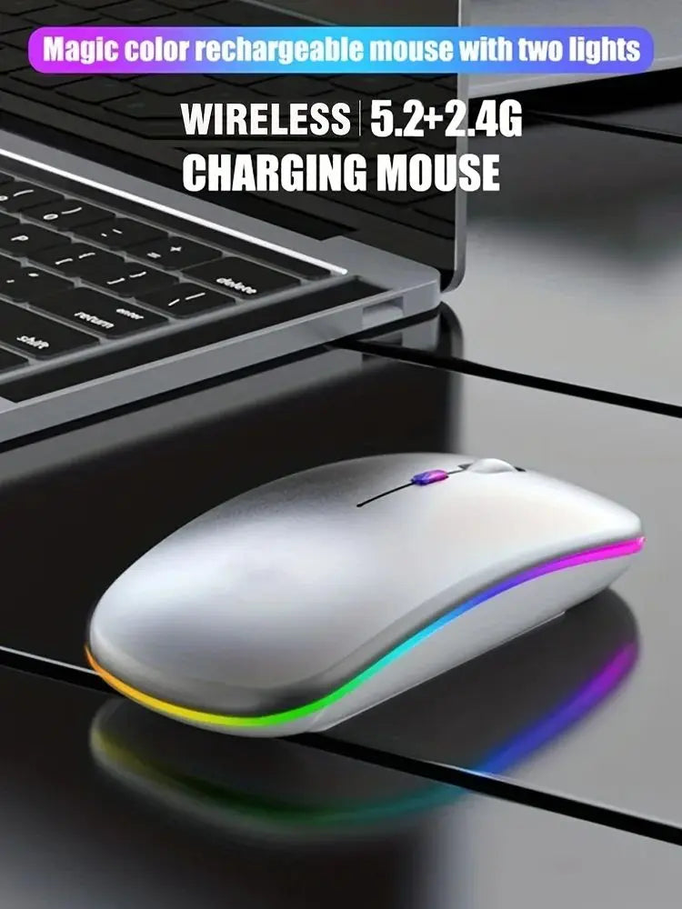 ماوس لاسلكي بلوتوث و 2.4 جيجاهرتز وضعين مزدوجين قابل للشحن RGB مريح نقرة صامتة للكمبيوتر