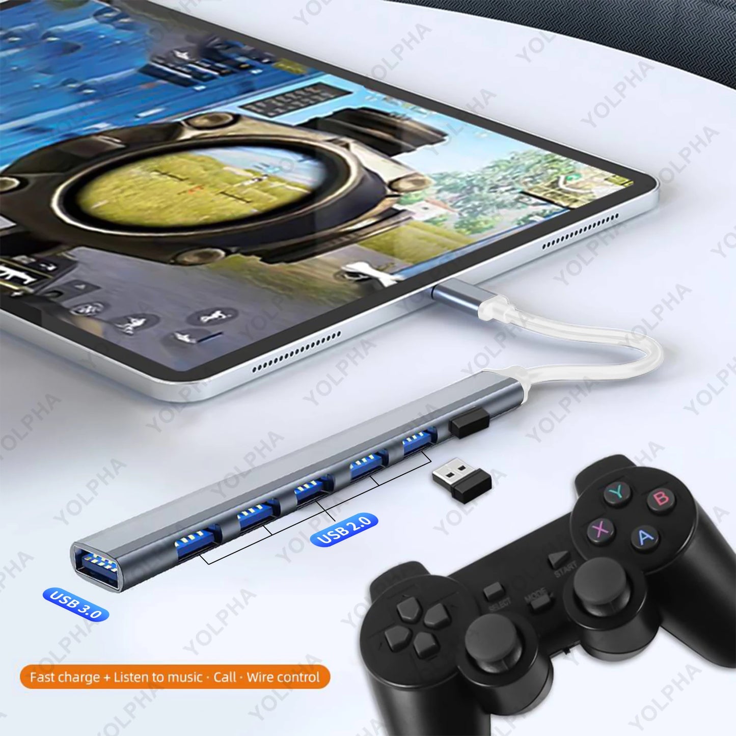 هاب USB 3.0 و USB 2.0 و USB C متعدد المنافذ عالي السرعة 5 جيجابت في الثانية للكمبيوتر - موزع 7 منافذ