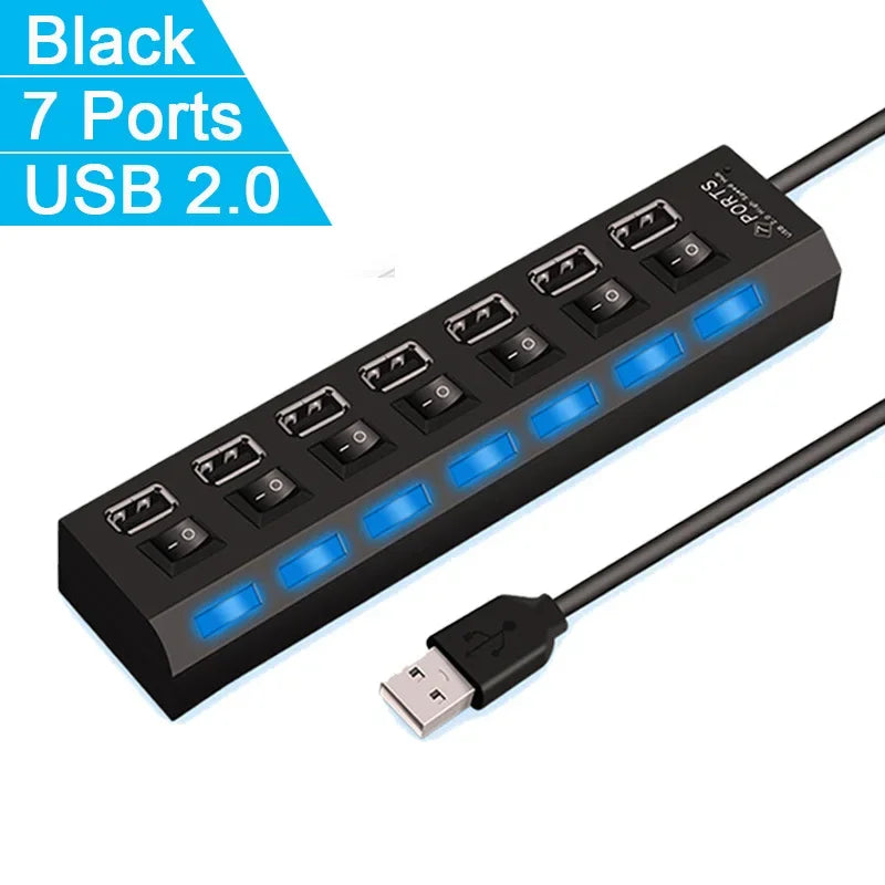 موزع USB محور توسيع 7 منافذ USB2.0 للكمبيوتر - جهاز تقسيم USB واحد إلى سبعة منافذ للكمبيوتر المحمول وسطح المكتب