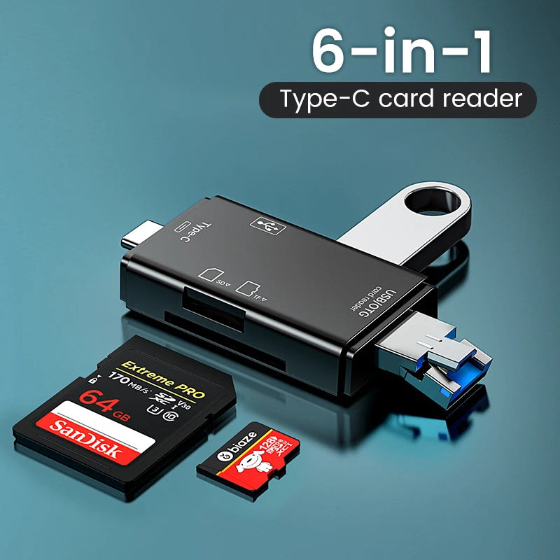 قارئ بطاقات الذاكرة متعددة الوظائف 6 في 1 OTG قارئ بطاقات SD USB2.0 Type-C/TF/SD محول ذكي لبطاقات الذاكرة