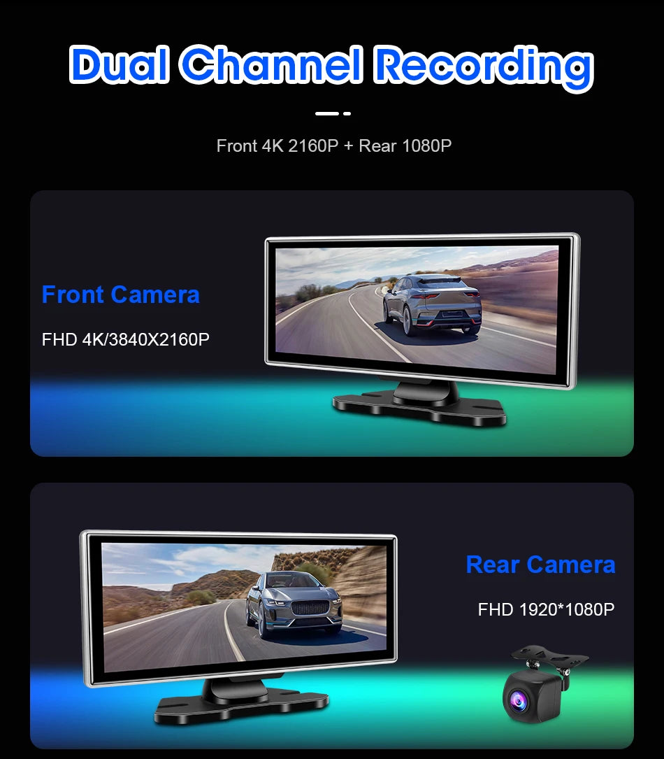 كاميرا تسجيل السيارة 4K بشاشة 10/11.26 بوصة مع كاربلاي لاسلكي وأندرويد أوتو ونظام ملاحة GPS ومسجل فيديو لوحة القيادة بعدستين مزدوجتين مع واي فاي وFM وAUX