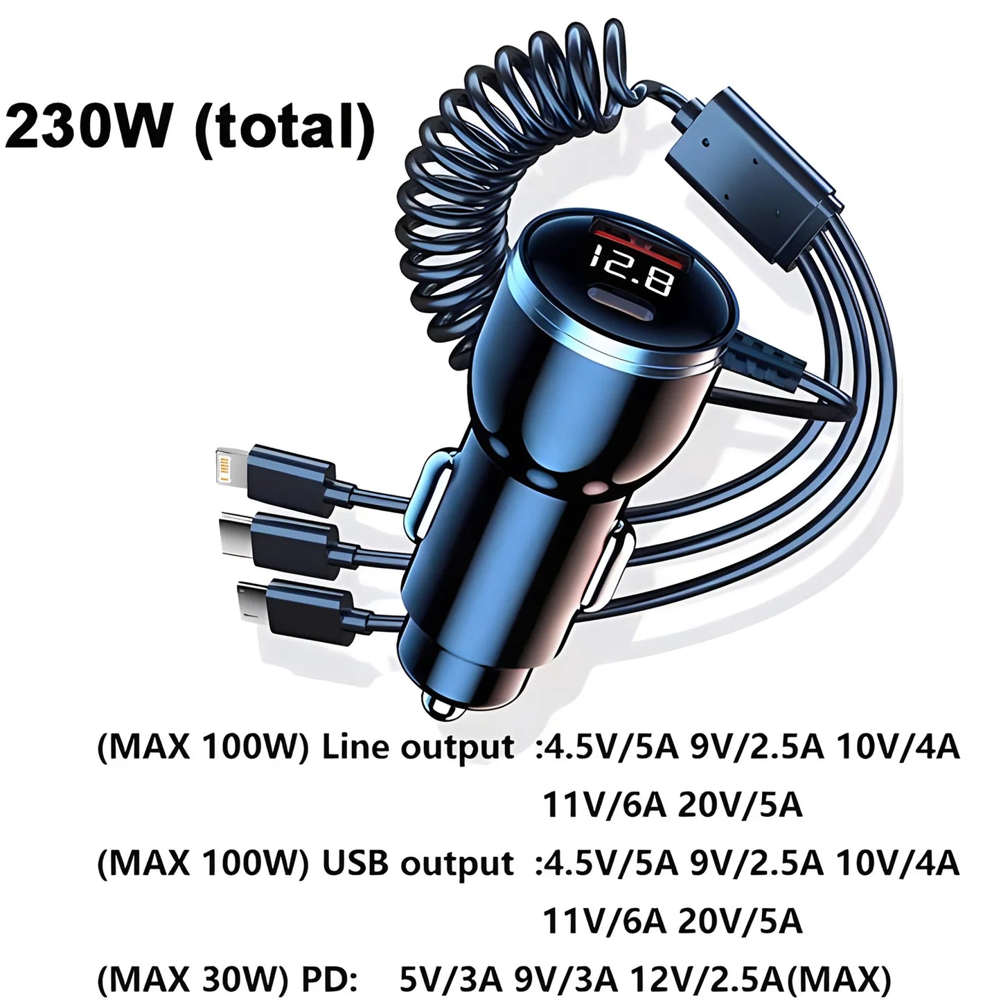 شاحن سيارة سريع 230 واط - 5 منافذ USB-C و QC3.0 PD - متوافق مع آيفون وسامسونج وهواوي وشاومي