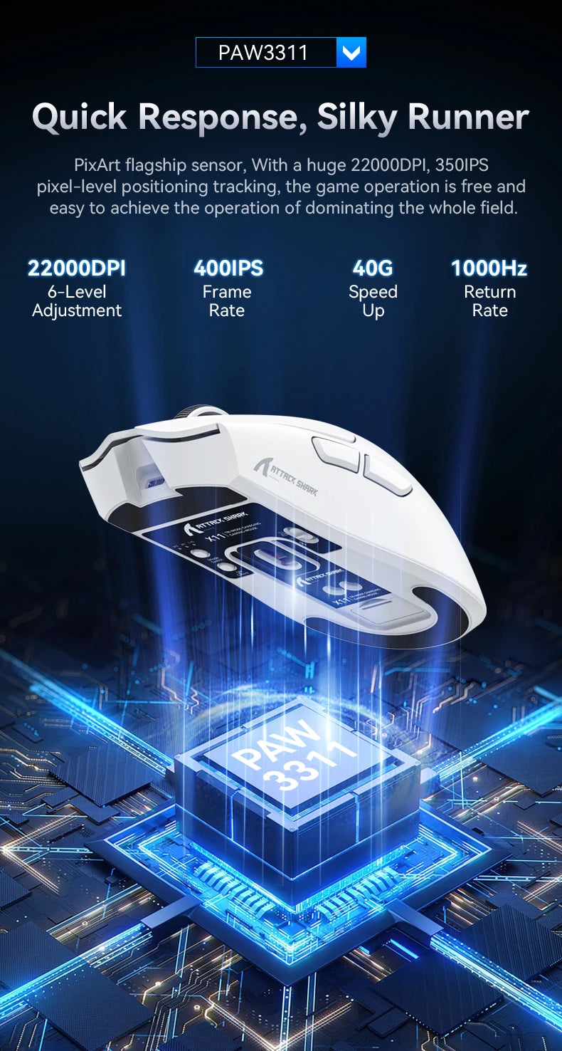 فأرة أتاك شارك X11 اللاسلكية، اتصال ثلاثي الأوضاع 2.4GHz/سلكي/بلوتوث PAW3311 22000DPI 400IPS RGB فأرة ألعاب للكمبيوتر