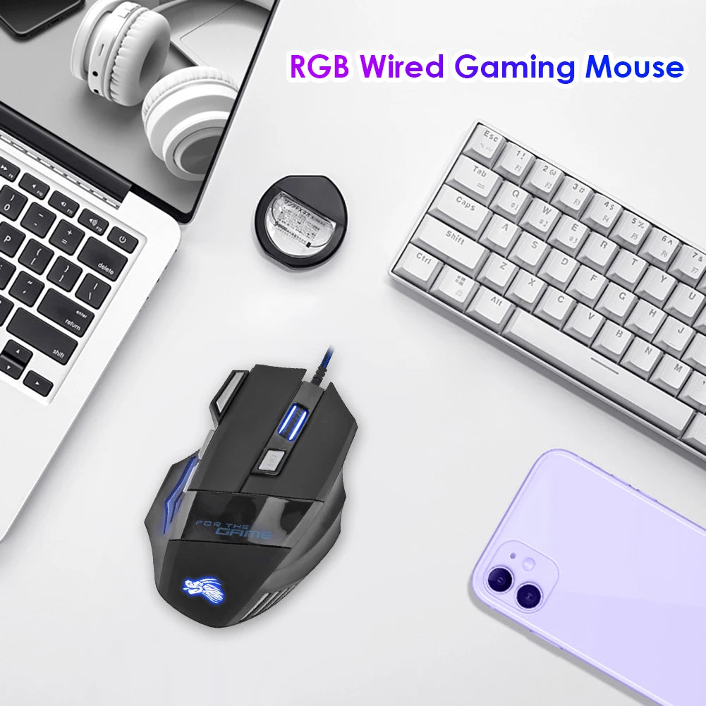 ماوس ألعاب سلكي USB بـ 7 أزرار مضيء بإضاءة خلفية مريح 5500 DPI قابل للتعديل بصري للكمبيوتر المكتبي والألعاب