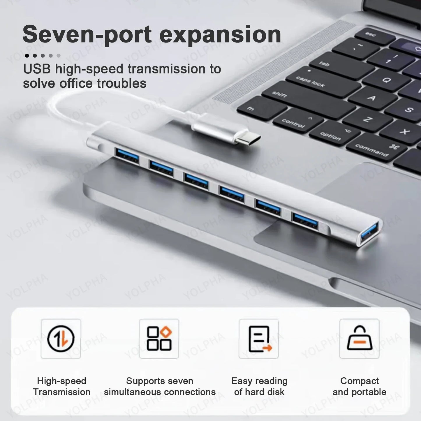 هاب USB 3.0 و USB 2.0 و USB C متعدد المنافذ عالي السرعة 5 جيجابت في الثانية للكمبيوتر - موزع 7 منافذ