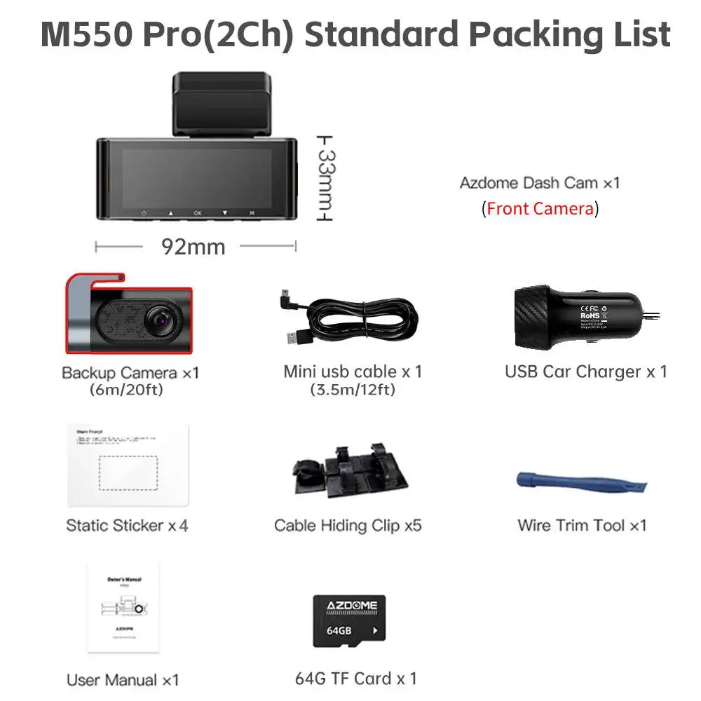 كاميرا سيارة AZDOME M550 Pro بتقنية WiFi 5.8 جيجاهرتز - قناتين/3 قنوات - دقة 4K+1080P مع GPS مدمج - شاشة IPS 3.19 بوصة - رؤية ليلية بالأشعة تحت الحمراء - وضع المراقبة 24 ساعة