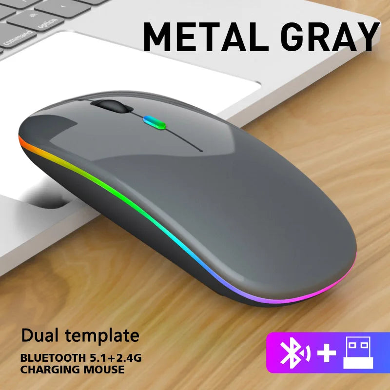 ماوس لاسلكي بلوتوث و 2.4 جيجاهرتز وضعين مزدوجين قابل للشحن RGB مريح نقرة صامتة للكمبيوتر