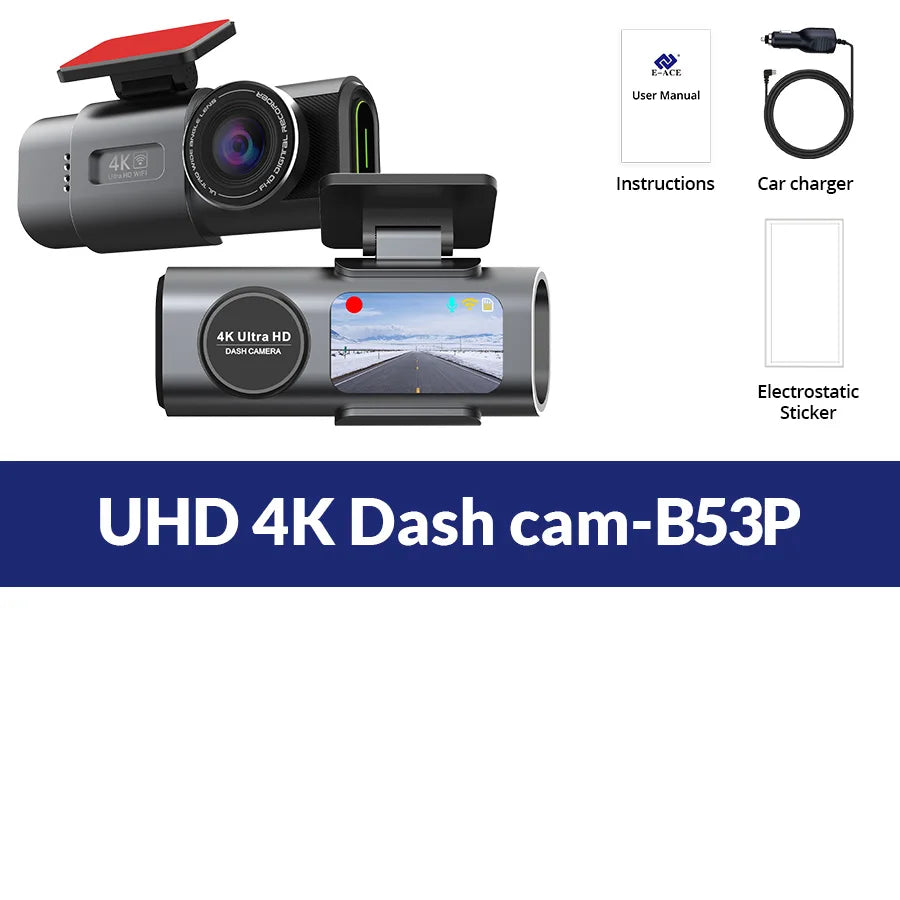 كاميرا سيارة داش كام بدقة 4K UHD مسجل فيديو DVR برؤية ليلية مع واي فاي مدمج ودعم GPS ومراقبة 24 ساعة للركن