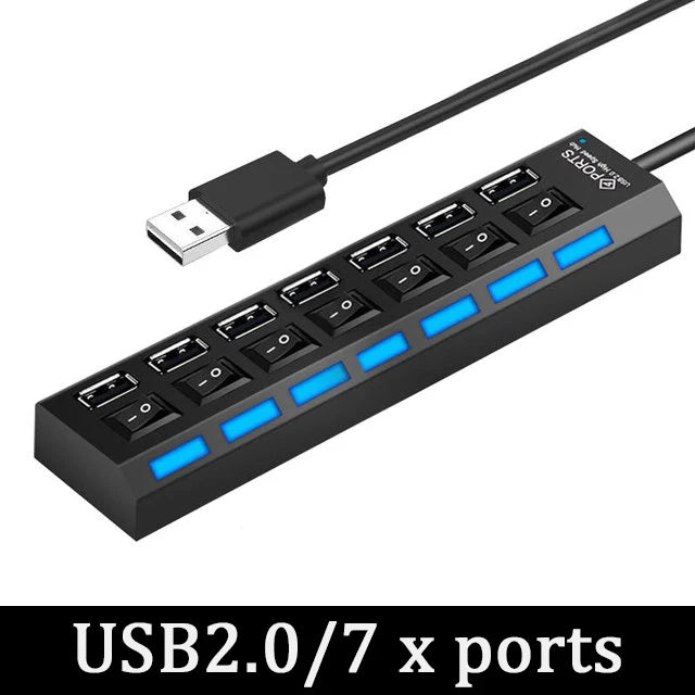 محول طاقة USB 3.0 موزع متعدد المنافذ 4/7 منفذ هاب USB 2.0 موسع متعدد مع مفتاح وكابل 30 سم محطة إرساء