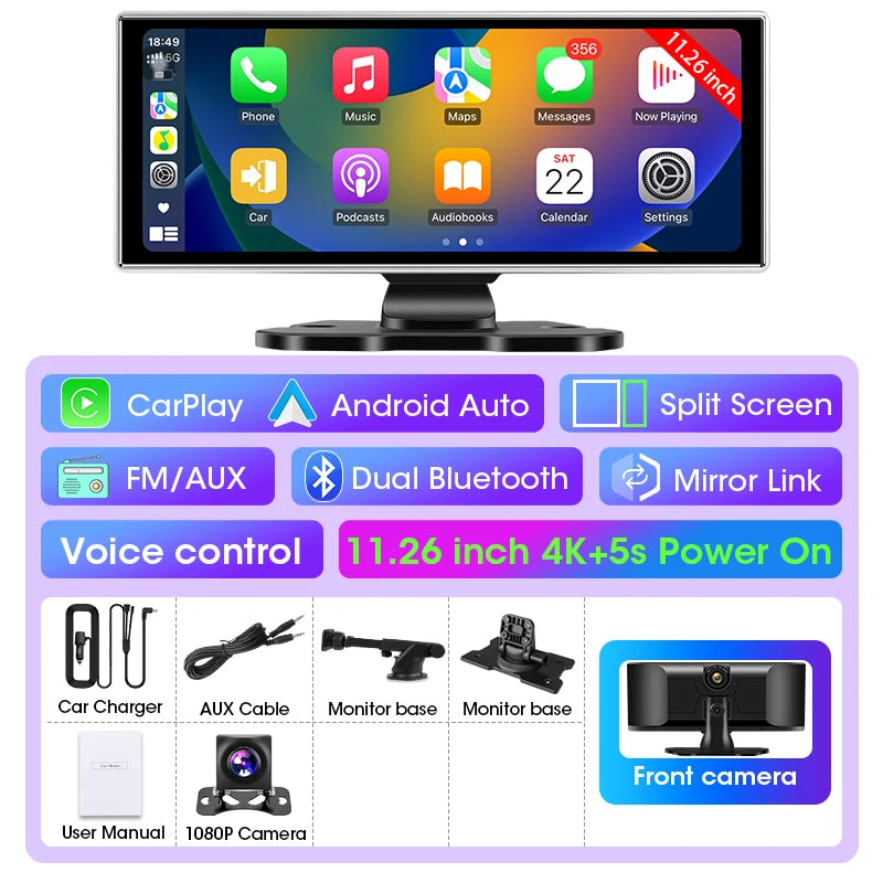 كاميرا تسجيل السيارة 4K بشاشة 10/11.26 بوصة مع كاربلاي لاسلكي وأندرويد أوتو ونظام ملاحة GPS ومسجل فيديو لوحة القيادة بعدستين مزدوجتين مع واي فاي وFM وAUX
