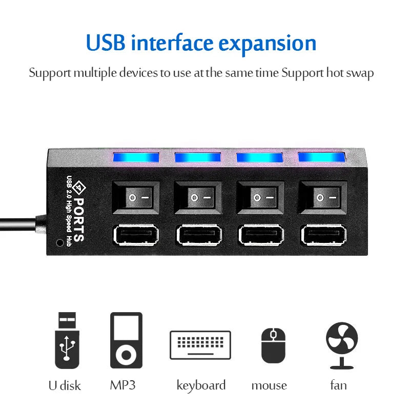 محول طاقة USB 3.0 موزع متعدد المنافذ 4/7 منفذ هاب USB 2.0 موسع متعدد مع مفتاح وكابل 30 سم محطة إرساء