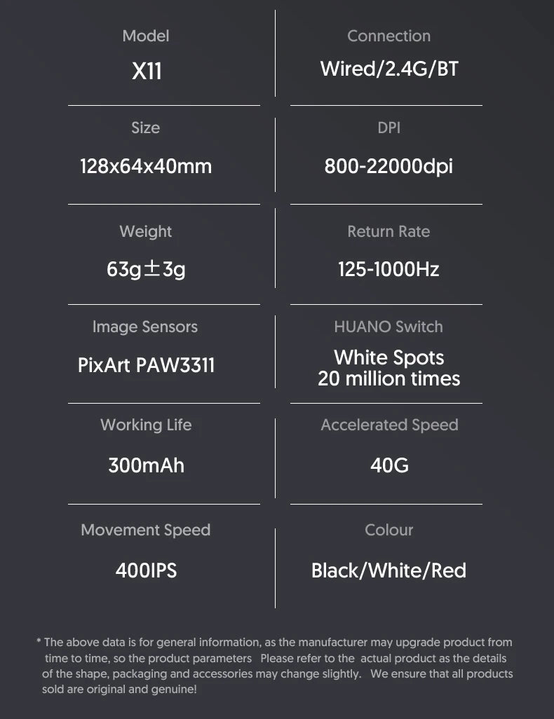 فأرة أتاك شارك X11 اللاسلكية، اتصال ثلاثي الأوضاع 2.4GHz/سلكي/بلوتوث PAW3311 22000DPI 400IPS RGB فأرة ألعاب للكمبيوتر