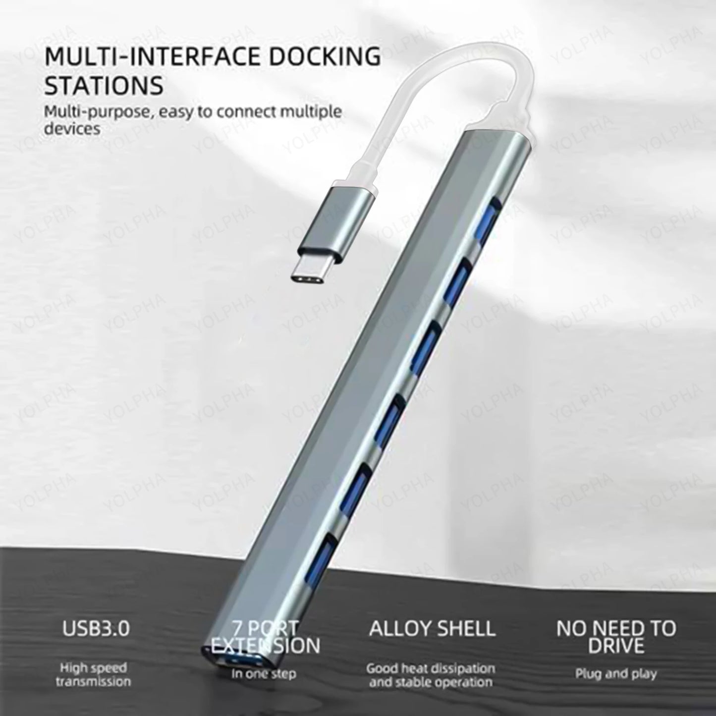 هاب USB 3.0 و USB 2.0 و USB C متعدد المنافذ عالي السرعة 5 جيجابت في الثانية للكمبيوتر - موزع 7 منافذ