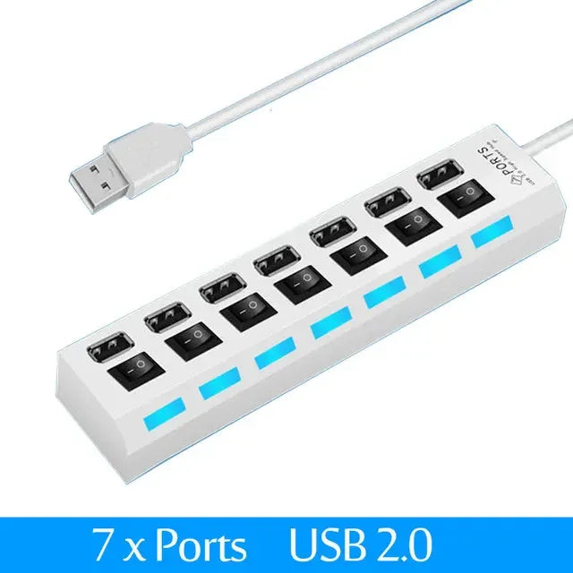 موزع USB محور توسيع 7 منافذ USB2.0 للكمبيوتر - جهاز تقسيم USB واحد إلى سبعة منافذ للكمبيوتر المحمول وسطح المكتب