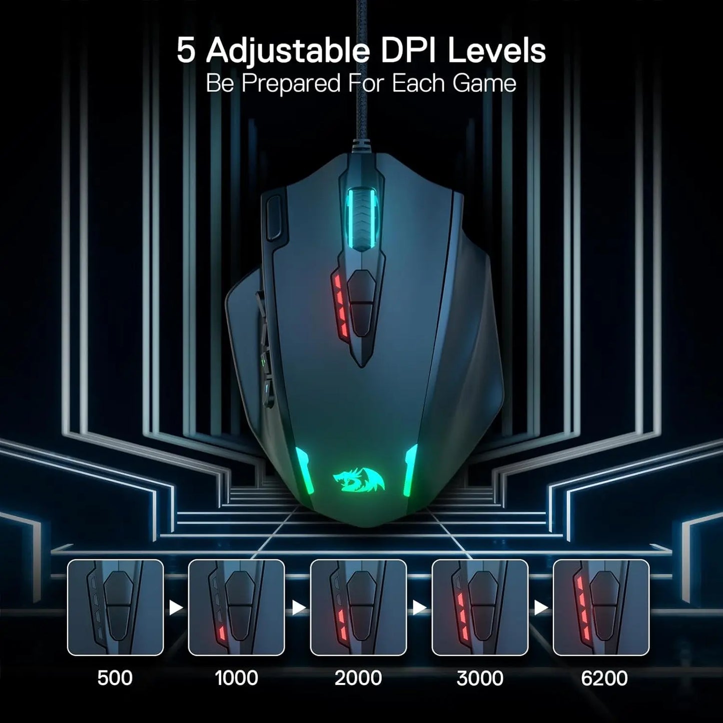 ماوس ألعاب ريدراجون M908 بإضاءة RGB LED سلكي USB مع 18 زر قابل للبرمجة 12400 DPI