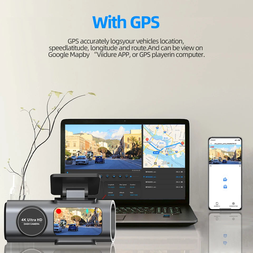 كاميرا سيارة داش كام بدقة 4K UHD مسجل فيديو DVR برؤية ليلية مع واي فاي مدمج ودعم GPS ومراقبة 24 ساعة للركن