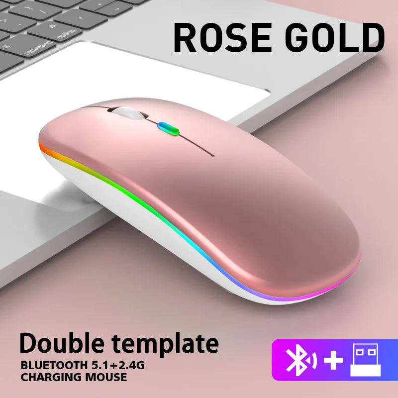 ماوس لاسلكي بلوتوث و 2.4 جيجاهرتز وضعين مزدوجين قابل للشحن RGB مريح نقرة صامتة للكمبيوتر