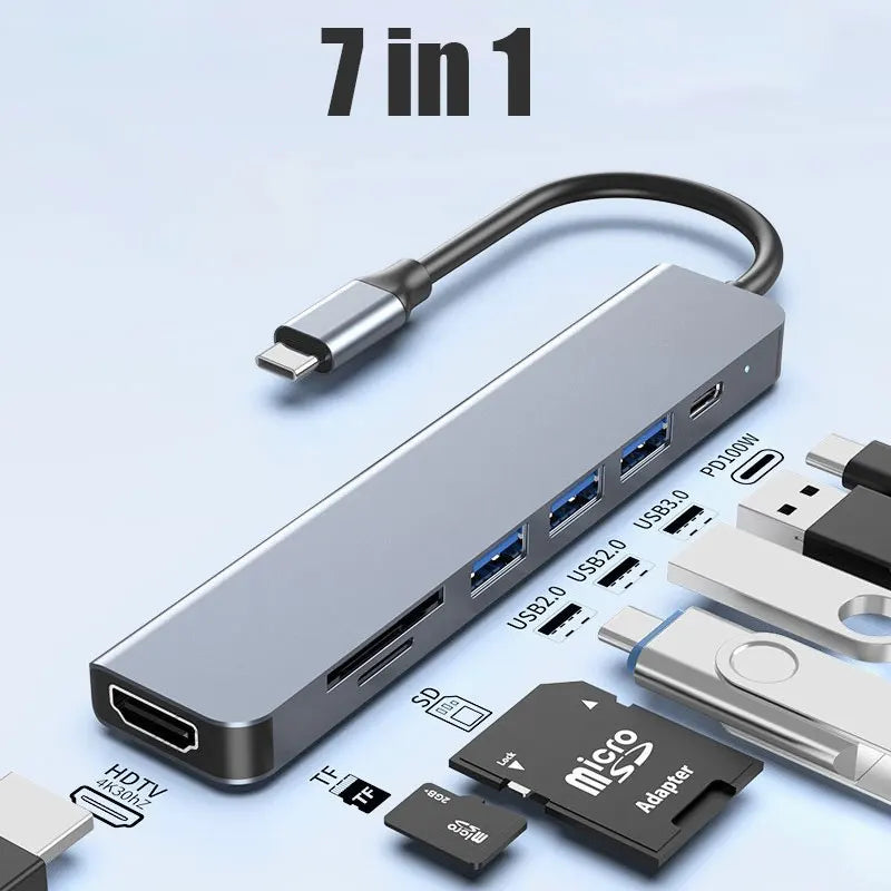 محول USB C بـ 6 منافذ إلى HDMI 4K - قارئ بطاقات SD وTF - هاب USB 3.0 و2.0 - محطة شحن Type C متوافقة مع MacBook وiPad وSamsung