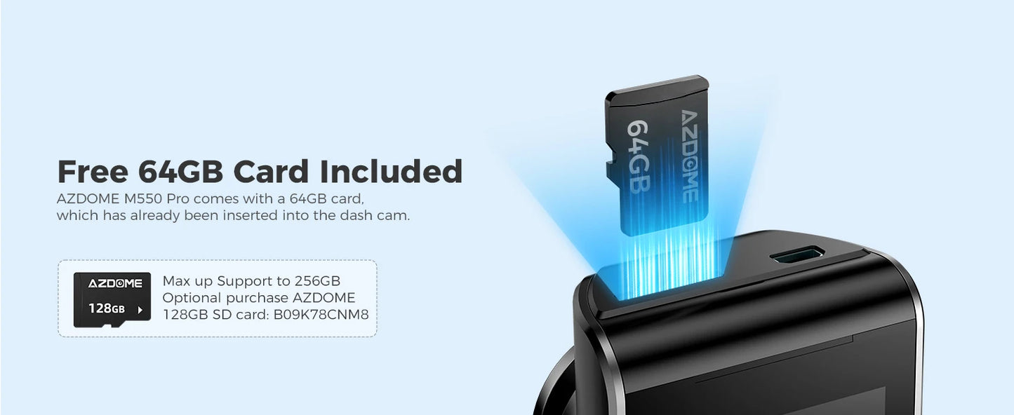 كاميرا سيارة AZDOME M550 Pro بتقنية WiFi 5.8 جيجاهرتز - قناتين/3 قنوات - دقة 4K+1080P مع GPS مدمج - شاشة IPS 3.19 بوصة - رؤية ليلية بالأشعة تحت الحمراء - وضع المراقبة 24 ساعة
