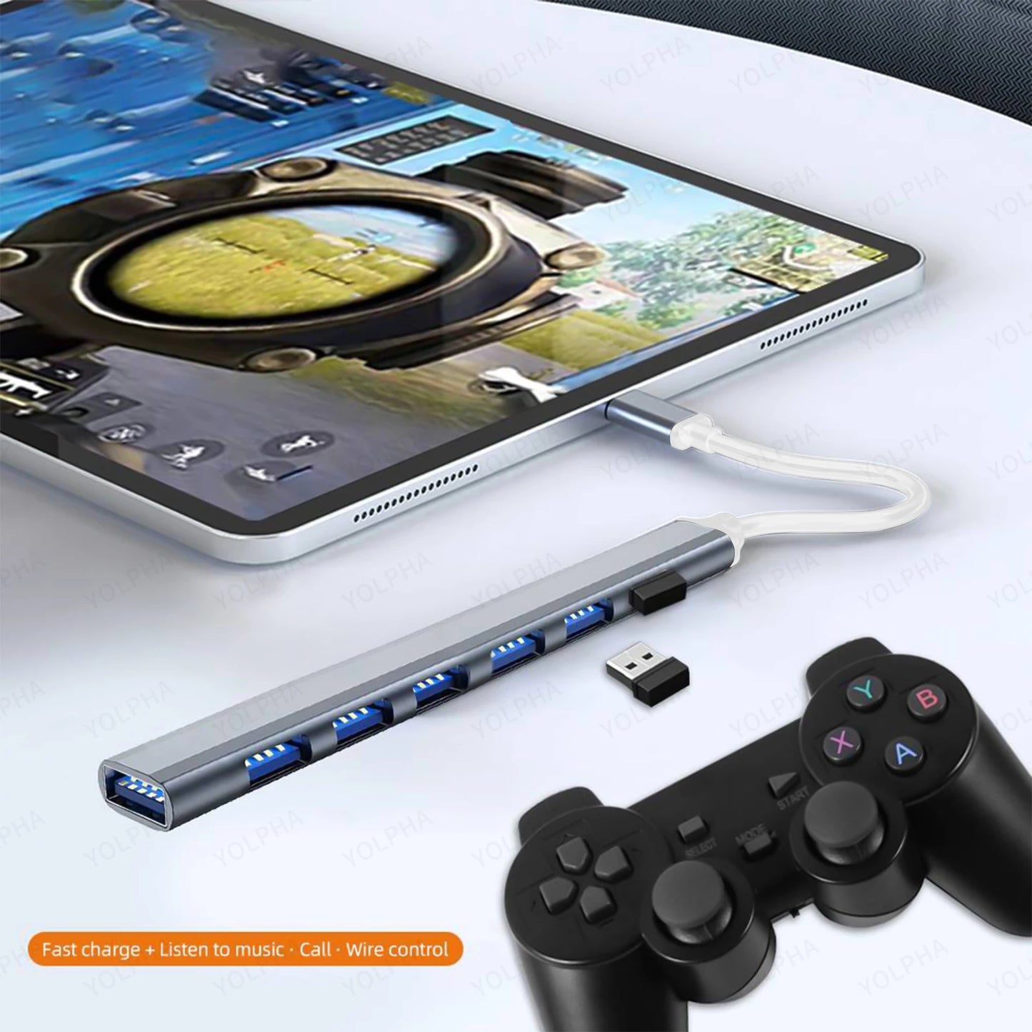 هاب USB 3.0 و USB 2.0 و USB C متعدد المنافذ عالي السرعة 5 جيجابت في الثانية للكمبيوتر - موزع 7 منافذ