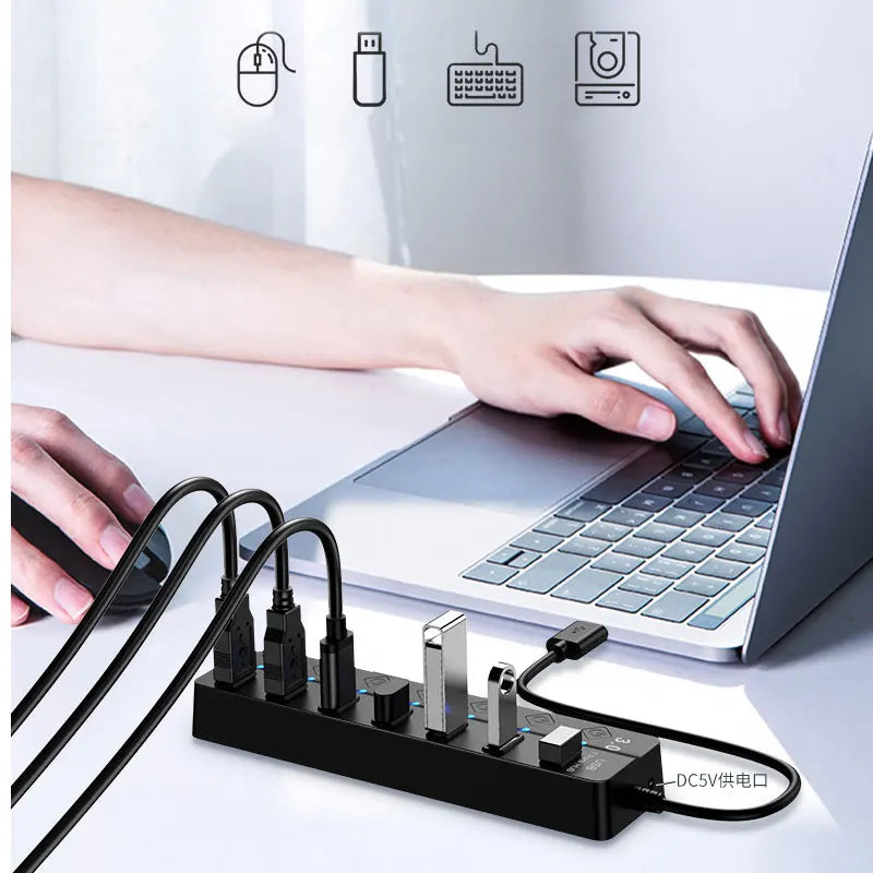 محول طاقة USB 3.0 موزع متعدد المنافذ 4/7 منفذ هاب USB 2.0 موسع متعدد مع مفتاح وكابل 30 سم محطة إرساء