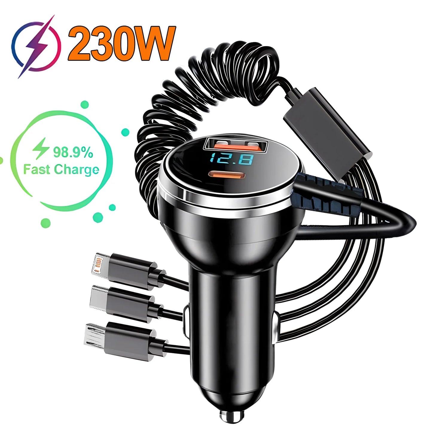 شاحن سيارة سريع 230 واط - 5 منافذ USB-C و QC3.0 PD - متوافق مع آيفون وسامسونج وهواوي وشاومي