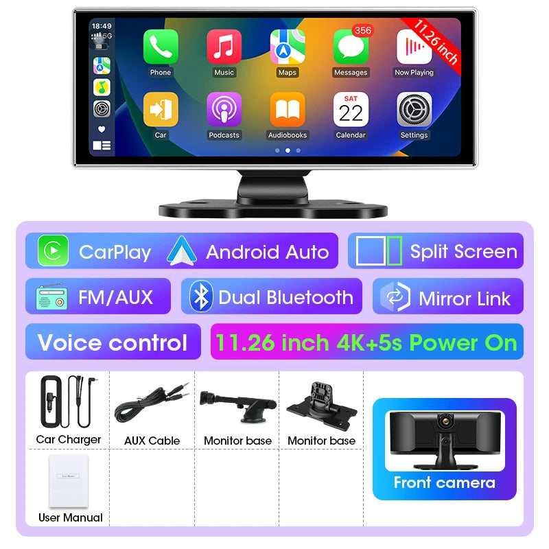 كاميرا تسجيل السيارة 4K بشاشة 10/11.26 بوصة مع كاربلاي لاسلكي وأندرويد أوتو ونظام ملاحة GPS ومسجل فيديو لوحة القيادة بعدستين مزدوجتين مع واي فاي وFM وAUX