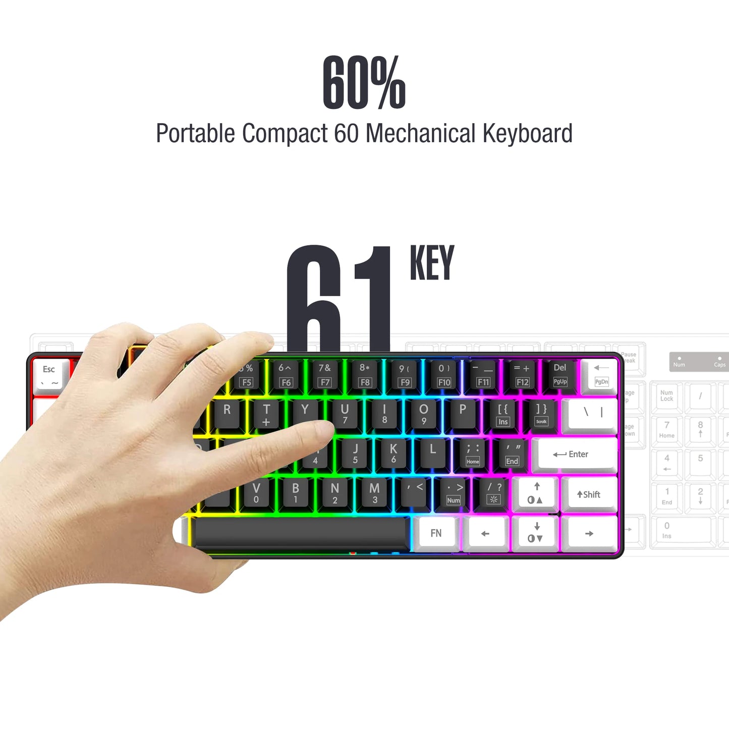 لوحة مفاتيح ألعاب سلكية 60% - إضاءة خلفية RGB - لوحة مفاتيح مدمجة فائقة الصغر - مقاومة للماء - 61 مفتاح صغير ومدمج للاعبين PC/Mac