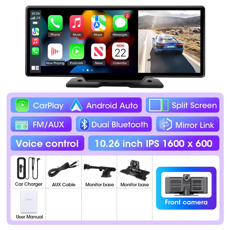 كاميرا تسجيل السيارة 4K بشاشة 10/11.26 بوصة مع كاربلاي لاسلكي وأندرويد أوتو ونظام ملاحة GPS ومسجل فيديو لوحة القيادة بعدستين مزدوجتين مع واي فاي وFM وAUX