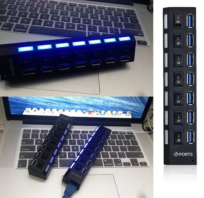 موزع USB محور توسيع 7 منافذ USB2.0 للكمبيوتر - جهاز تقسيم USB واحد إلى سبعة منافذ للكمبيوتر المحمول وسطح المكتب