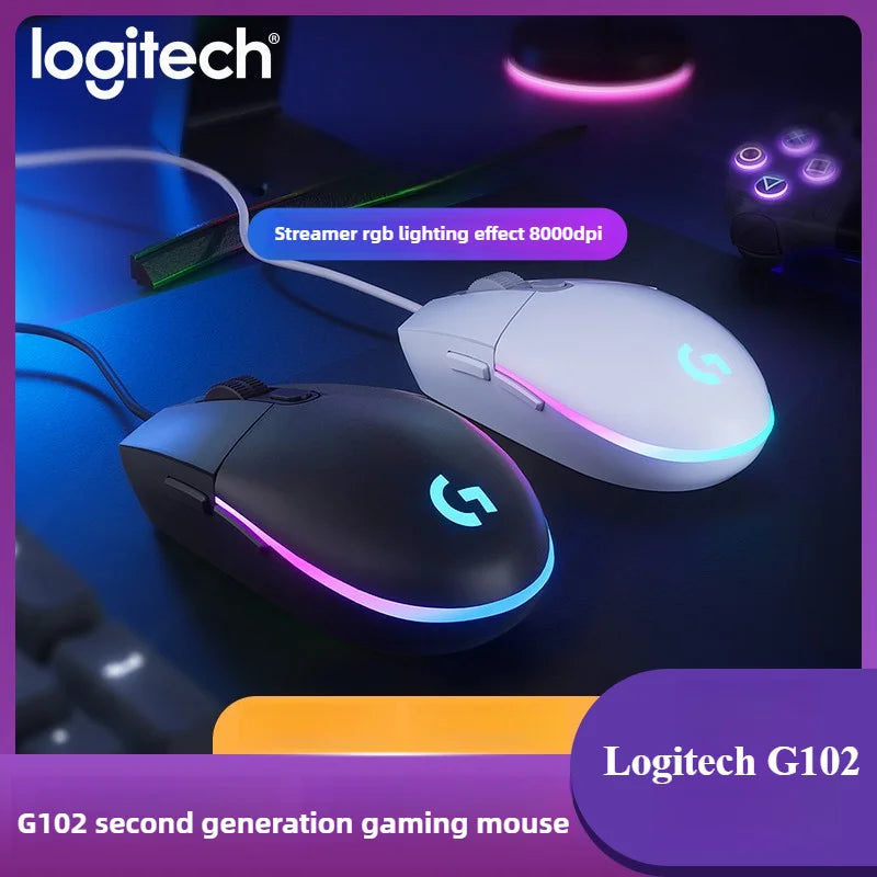 ماوس جيمنج لوجيتك G102 بإضاءة RGB تصميم خفيف الوزن 200-8000 DPI الجيل الثاني مريح للكمبيوتر
