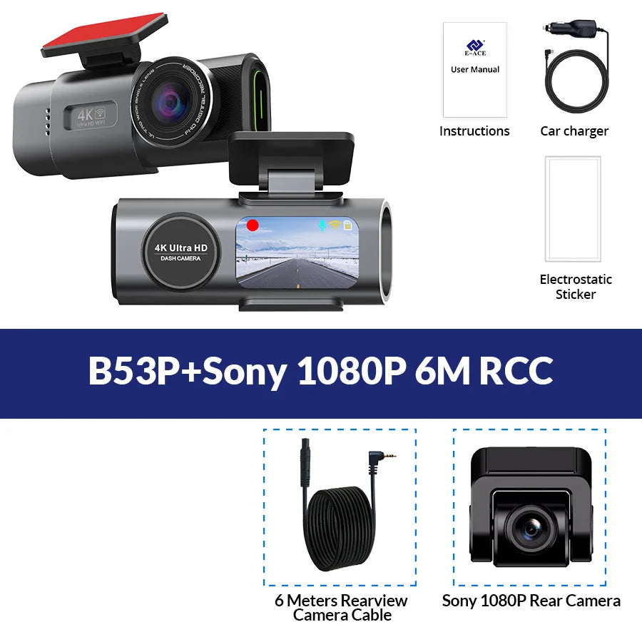 كاميرا سيارة داش كام بدقة 4K UHD مسجل فيديو DVR برؤية ليلية مع واي فاي مدمج ودعم GPS ومراقبة 24 ساعة للركن