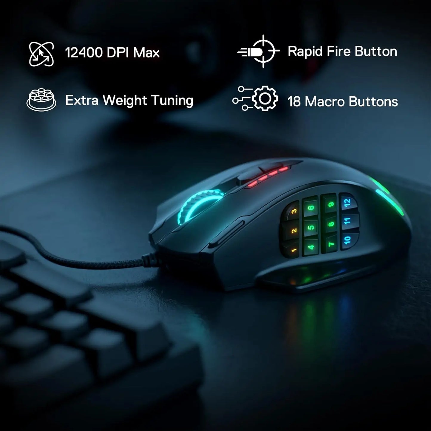 ماوس ألعاب ريدراجون M908 بإضاءة RGB LED سلكي USB مع 18 زر قابل للبرمجة 12400 DPI