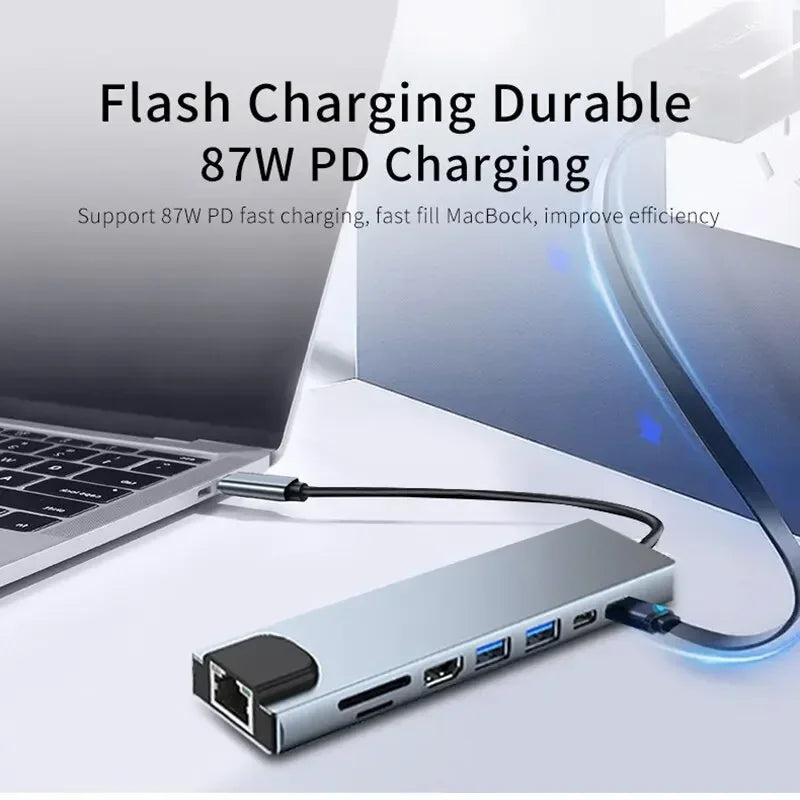 محول USB 8 في 1 من النوع C 3.1 إلى 4K HDTV مع قارئ بطاقات SD/TF وRJ45 وشحن سريع PD لأجهزة MacBook والكمبيوتر المحمول