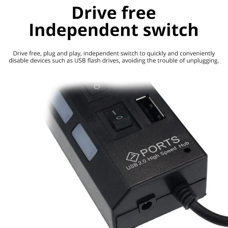 موزع USB محور توسيع 7 منافذ USB2.0 للكمبيوتر - جهاز تقسيم USB واحد إلى سبعة منافذ للكمبيوتر المحمول وسطح المكتب