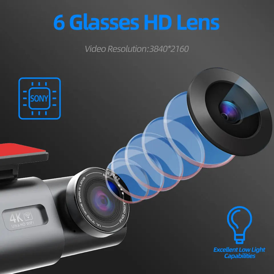 كاميرا سيارة داش كام بدقة 4K UHD مسجل فيديو DVR برؤية ليلية مع واي فاي مدمج ودعم GPS ومراقبة 24 ساعة للركن