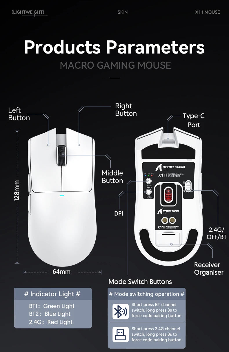 فأرة أتاك شارك X11 اللاسلكية، اتصال ثلاثي الأوضاع 2.4GHz/سلكي/بلوتوث PAW3311 22000DPI 400IPS RGB فأرة ألعاب للكمبيوتر