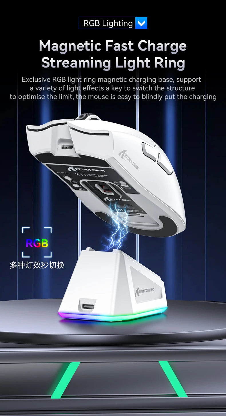 فأرة أتاك شارك X11 اللاسلكية، اتصال ثلاثي الأوضاع 2.4GHz/سلكي/بلوتوث PAW3311 22000DPI 400IPS RGB فأرة ألعاب للكمبيوتر