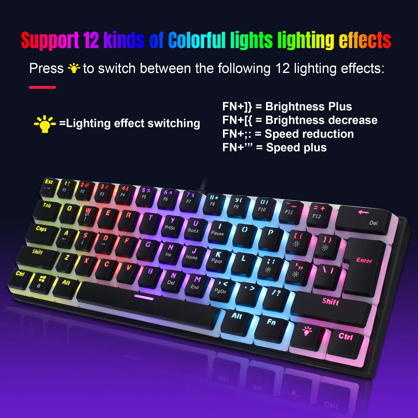 لوحة مفاتيح ألعاب سلكية 60% - إضاءة خلفية RGB - لوحة مفاتيح مدمجة فائقة الصغر - مقاومة للماء - 61 مفتاح صغير ومدمج للاعبين PC/Mac