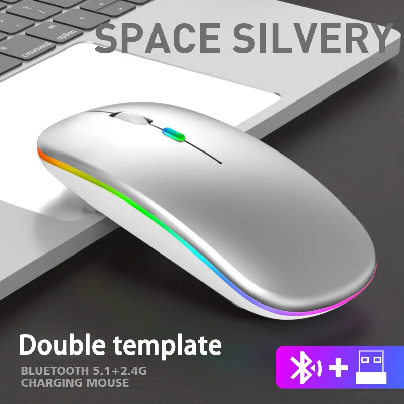ماوس لاسلكي بلوتوث و 2.4 جيجاهرتز وضعين مزدوجين قابل للشحن RGB مريح نقرة صامتة للكمبيوتر