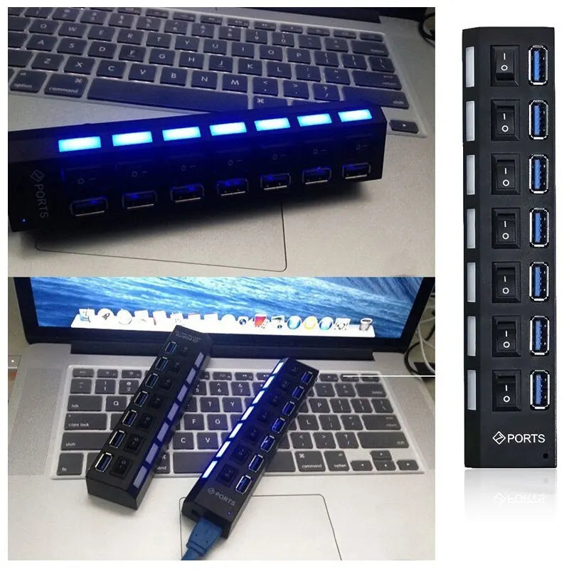 موزع USB محور توسيع 7 منافذ USB2.0 للكمبيوتر - جهاز تقسيم USB واحد إلى سبعة منافذ للكمبيوتر المحمول وسطح المكتب