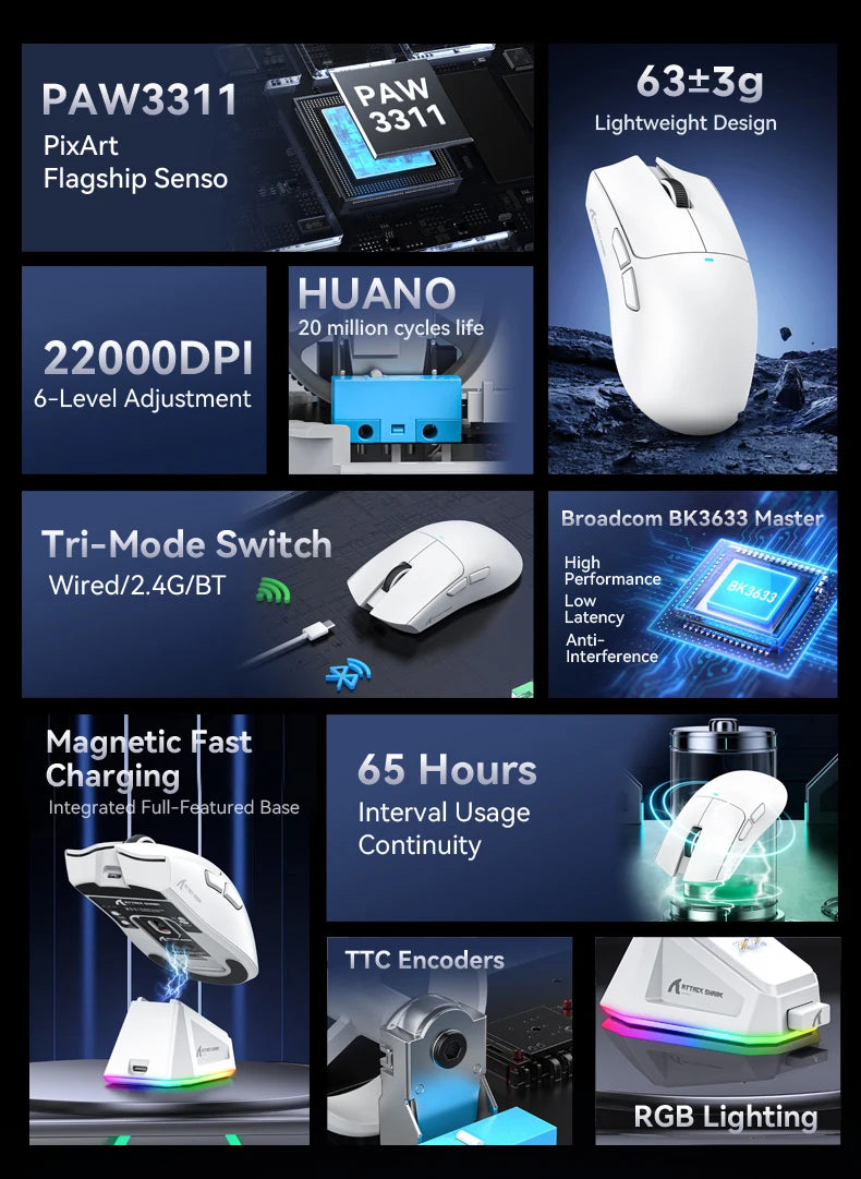 فأرة أتاك شارك X11 اللاسلكية، اتصال ثلاثي الأوضاع 2.4GHz/سلكي/بلوتوث PAW3311 22000DPI 400IPS RGB فأرة ألعاب للكمبيوتر