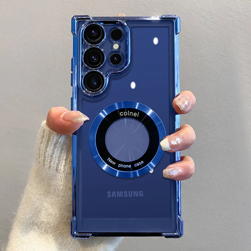 غطاء شحن لاسلكي مغناطيسي فاخر مطلي لهواتف سامسونج S25 S24 Ultra S23 FE S22 Plus S21 Note 20 مع حماية شفافة للعدسة