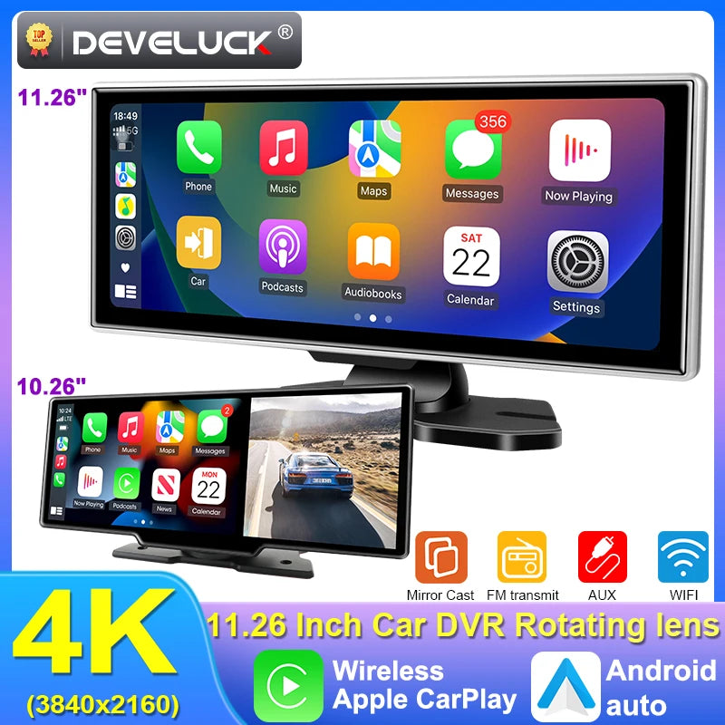 كاميرا تسجيل السيارة 4K بشاشة 10/11.26 بوصة مع كاربلاي لاسلكي وأندرويد أوتو ونظام ملاحة GPS ومسجل فيديو لوحة القيادة بعدستين مزدوجتين مع واي فاي وFM وAUX