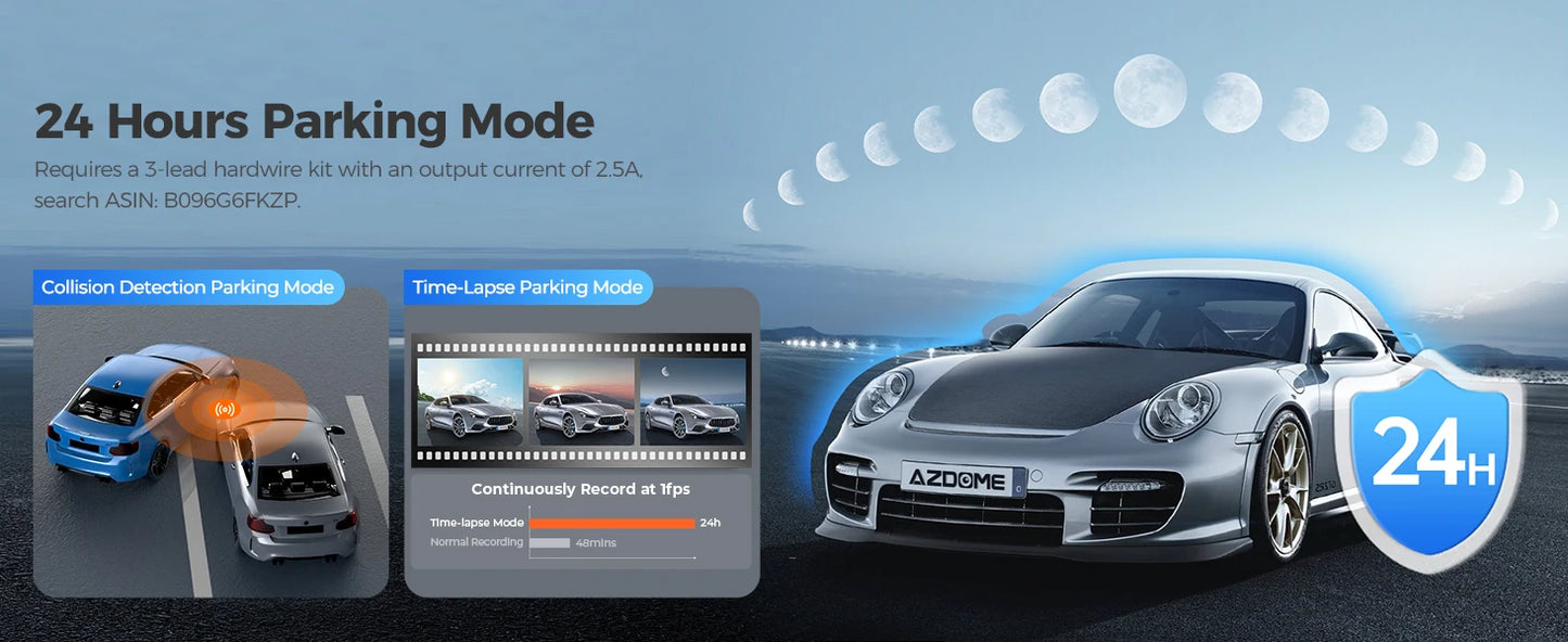 كاميرا سيارة AZDOME M550 Pro بتقنية WiFi 5.8 جيجاهرتز - قناتين/3 قنوات - دقة 4K+1080P مع GPS مدمج - شاشة IPS 3.19 بوصة - رؤية ليلية بالأشعة تحت الحمراء - وضع المراقبة 24 ساعة