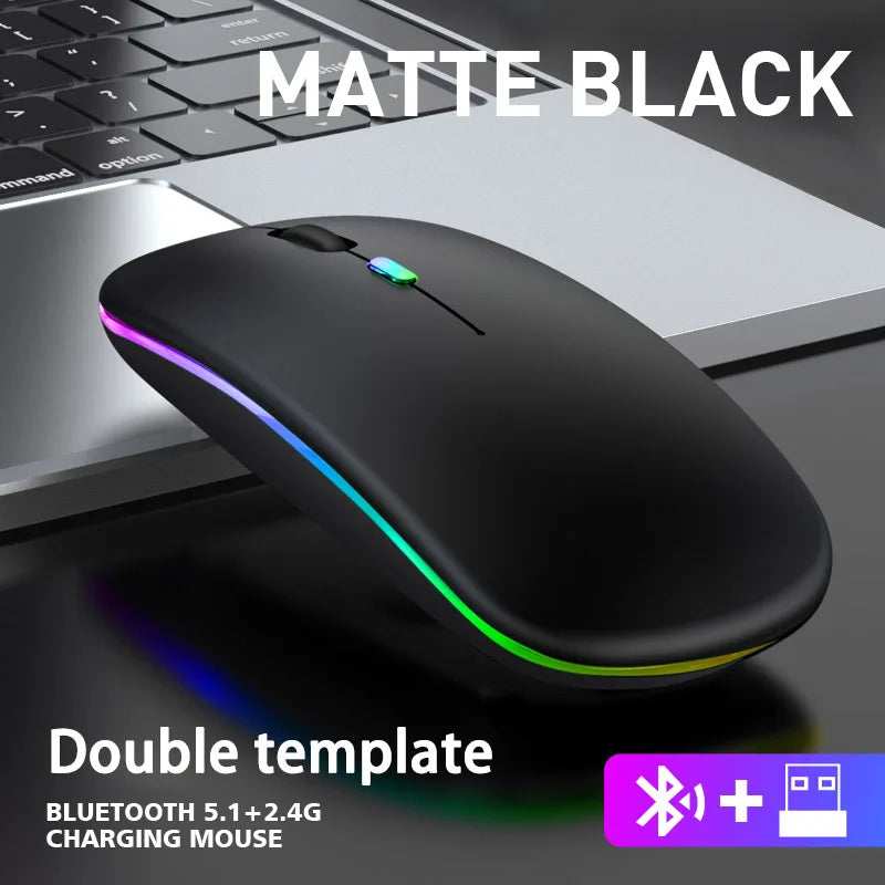 ماوس لاسلكي بلوتوث و 2.4 جيجاهرتز وضعين مزدوجين قابل للشحن RGB مريح نقرة صامتة للكمبيوتر
