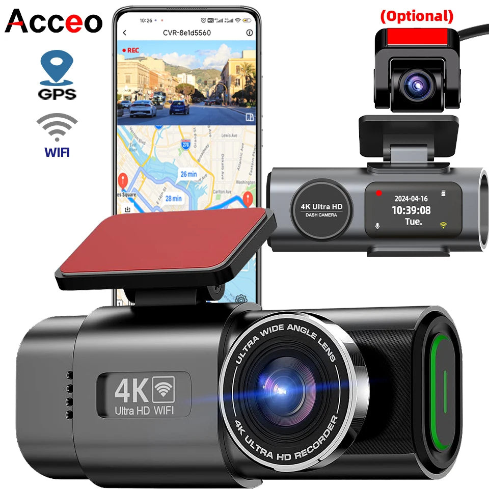 كاميرا سيارة داش كام بدقة 4K UHD مسجل فيديو DVR برؤية ليلية مع واي فاي مدمج ودعم GPS ومراقبة 24 ساعة للركن